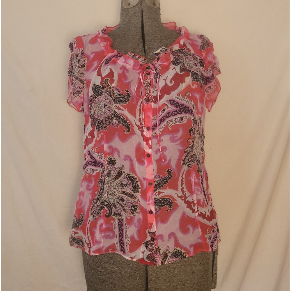 90s‎ Y2K Tahari 100% Silk Top Pink Sheer Paisley Frilly Blouse L Boho Chic
